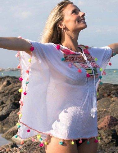 Weiß gestickter Poncho-Hippie-Chic-Strand