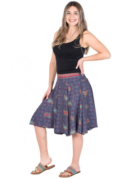 Rock-Hippie-Stil-Seide-bedruckt-blau-Sommer