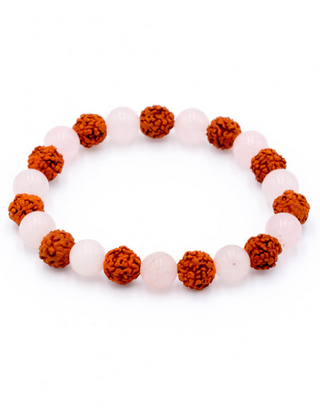 Bracelet graine de Rudraksha et quartz rose