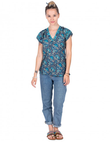 Printed silk T-shirt Blue