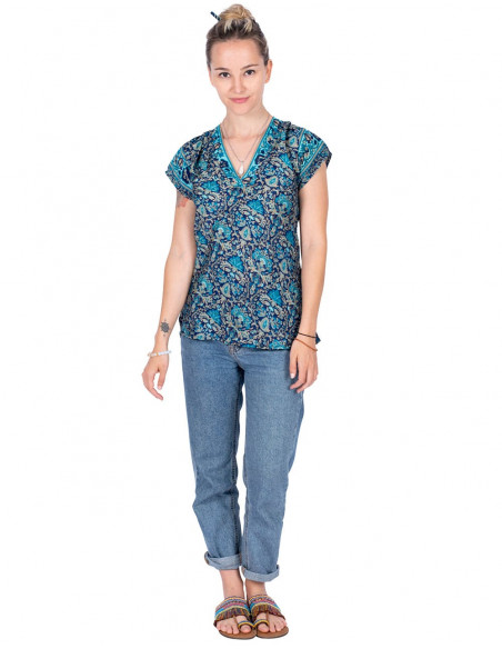 Printed silk T-shirt Blue