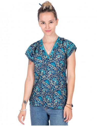 Printed silk T-shirt Blue