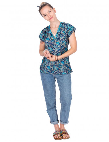 Bedrucktes Seiden-T-Shirt Blau