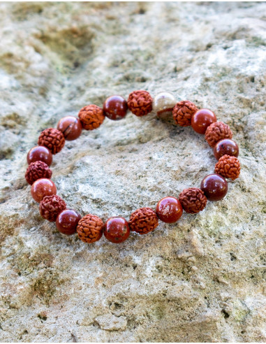 Bracelet Perles Rudraksha et Jaspe Rouge