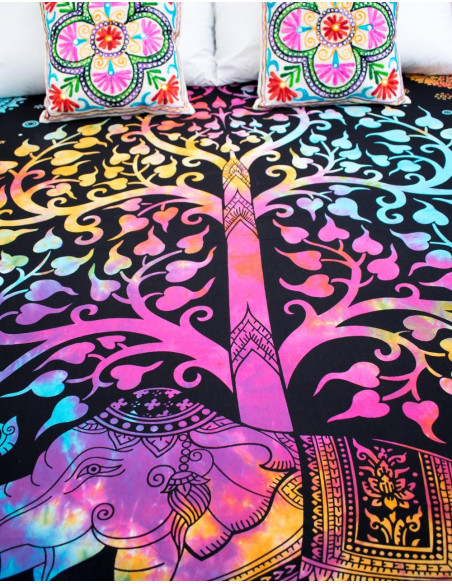 cama-doble-negro-elefante-arbol-multicolor