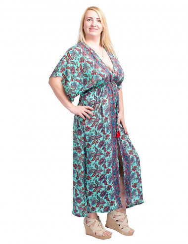 vestido-largo-seda-celeste-dibujos-rojos 2