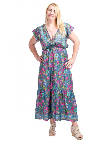 vestido-largo-volados-mangas-pequeñas-celeste