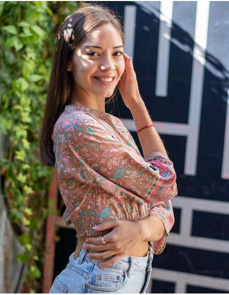 Top Cropped Bege Estampado