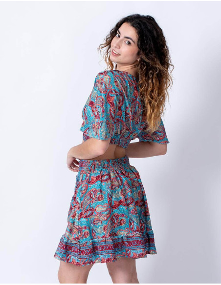 Verblüffen Sie mit Eleganz! Set aus bedruckter Seide: Rock und Top zum Strahlen.