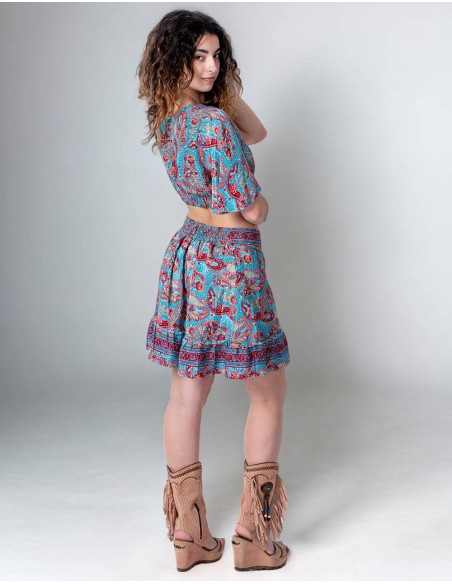 Verblüffen Sie mit Eleganz! Set aus bedruckter Seide: Rock und Top zum Strahlen.