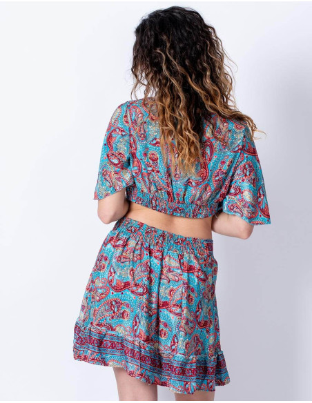 Verblüffen Sie mit Eleganz! Set aus bedruckter Seide: Rock und Top zum Strahlen.