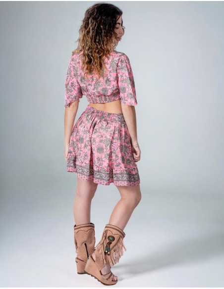 Ensemble haut et jupe en soie imprimée