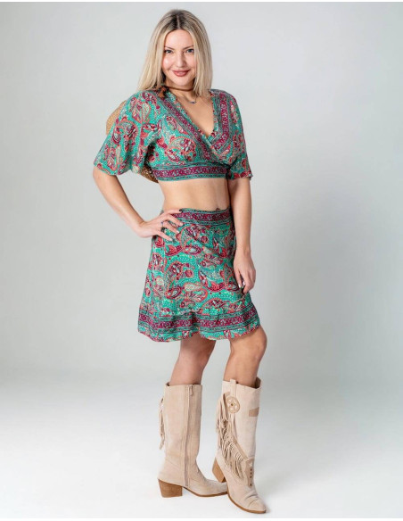 Set aus bedrucktem Seidenoberteil und Rock: Boho-Stil mit hinduistischer Eleganz