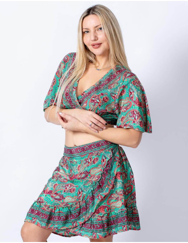 Ensemble haut et jupe en soie imprimée : style...