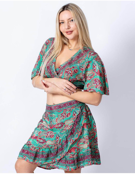 Set aus bedrucktem Seidenoberteil und Rock: Boho-Stil mit hinduistischer Eleganz