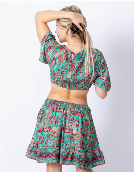 Conjunto de top e saia de seda estampada: estilo Boho com elegância hindu