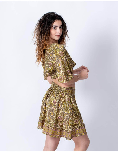 Paisley Yellow Printed Silk Boho Top and Skirt Set