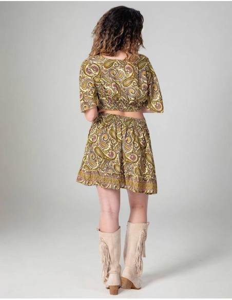 Paisley Yellow Printed Silk Boho Top and Skirt Set