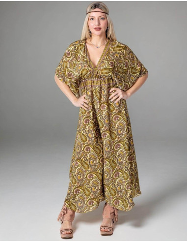 Boho Style Yellow Printed Silk Jumpsuit with Paisley Designs