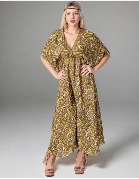 Tuta in seta stampata gialla stile Boho con disegni Paisley