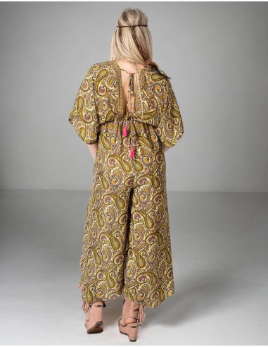 Gelb bedruckter Seidenoverall im Boho-Stil mit...