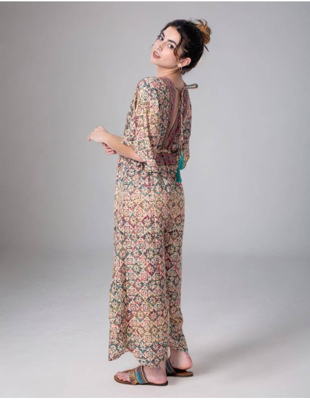 Boho Style Printed Silk Jumpsuit with Tie on the Back