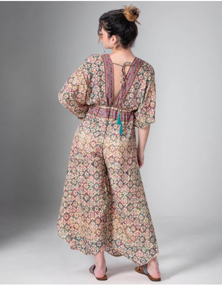 Bedruckter Seidenoverall im Boho-Stil mit Krawatte auf der Rückseite