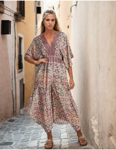 Boho Style Printed Silk Jumpsuit with Tie on the Back