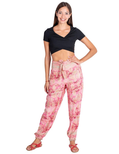 Pantalon en soie imprimé dans les tons roses