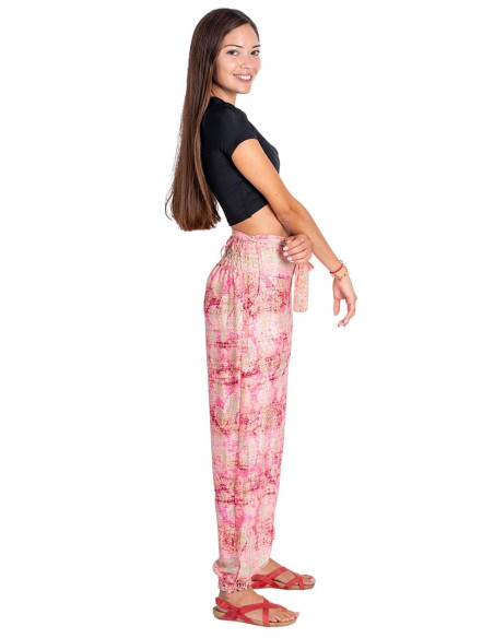Pantalon en soie imprimé dans les tons roses