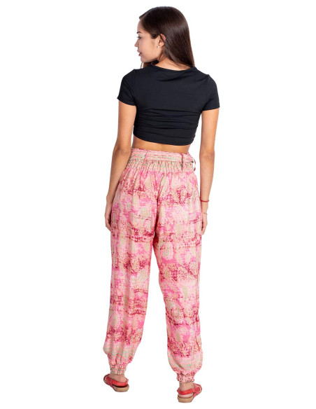 Pantaloni in seta stampata nei toni del rosa
