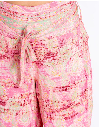 Pantalon en soie imprimé dans les tons roses