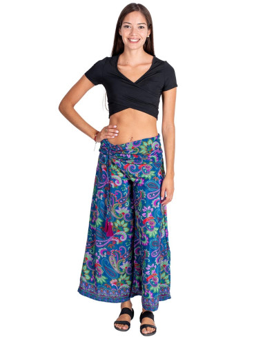 Pantaloni gonna in seta su sfondo blu con...