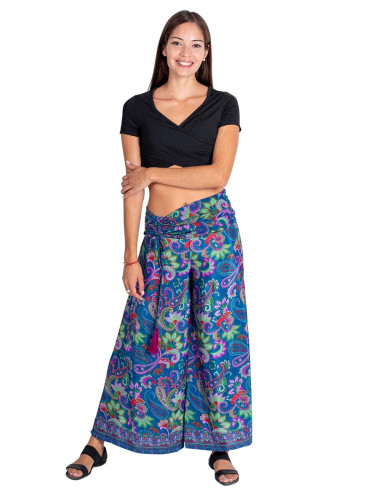 Calça Saia de Seda em Fundo Azul com Estampa...