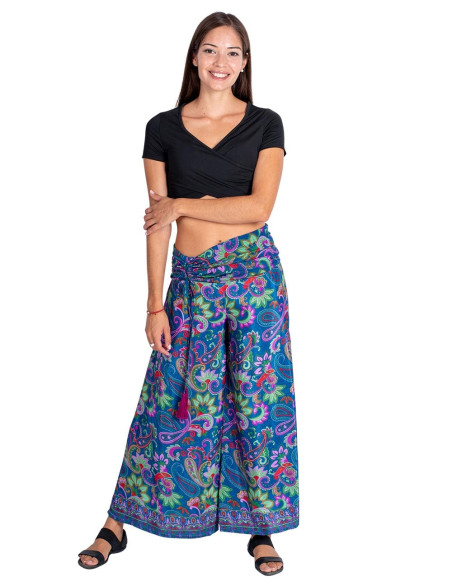 Silk Skirt Pants in Blue Background with Floral Print