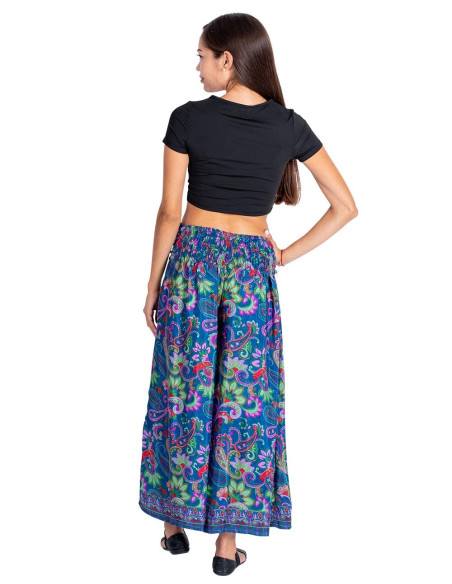 Calça Saia de Seda em Fundo Azul com Estampa Floral