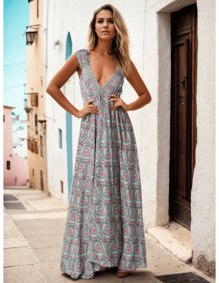 Long Printed Silk Dress with Plunging Neckline
