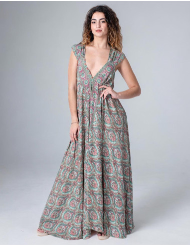 Langes bedrucktes Seidenkleid mit tiefem...