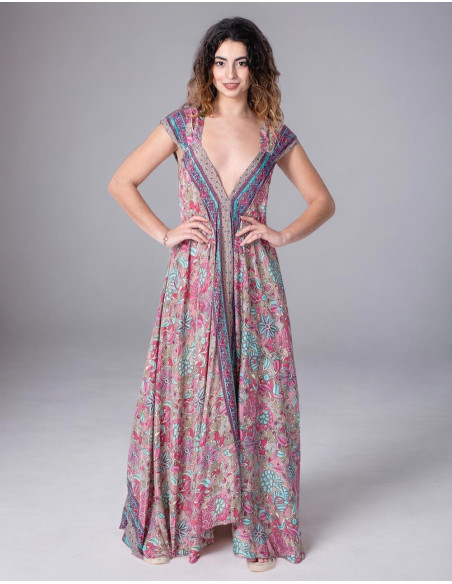 Langes bedrucktes Seidenkleid für Frühling und Sommer