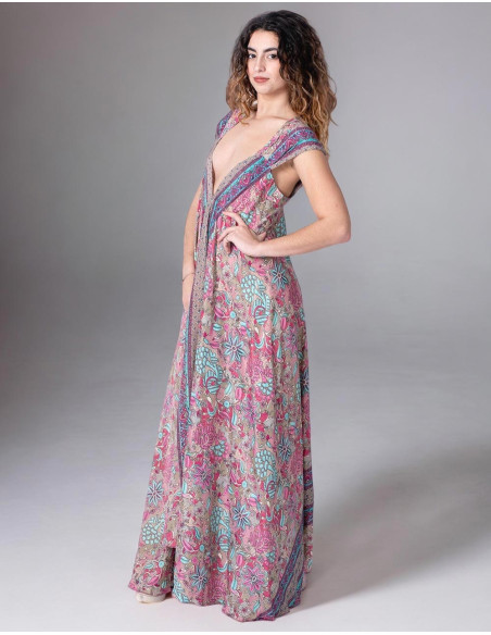 Vestido longo de seda estampado para primavera verão