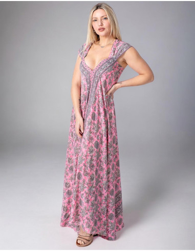 Long Printed Silk Dress in Pink Tones for...