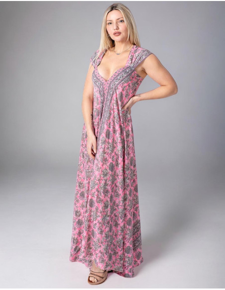 Vestido Longo de Seda Estampado em Tons Rosa para Primavera Verão