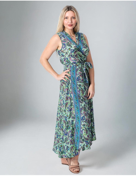 Abito con fiocco in seta stampata con motivi Paisley