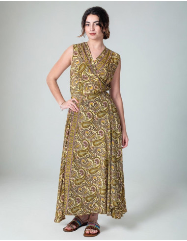 Printed Silk Wrap Dress in Yellow Tones with...