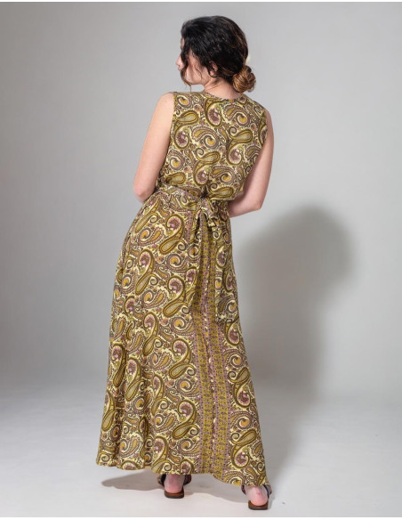 Printed Silk Wrap Dress in Yellow Tones with Paisley Drawings