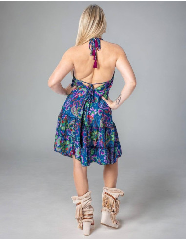 Abito stile Boho con sfondo blu in seta...