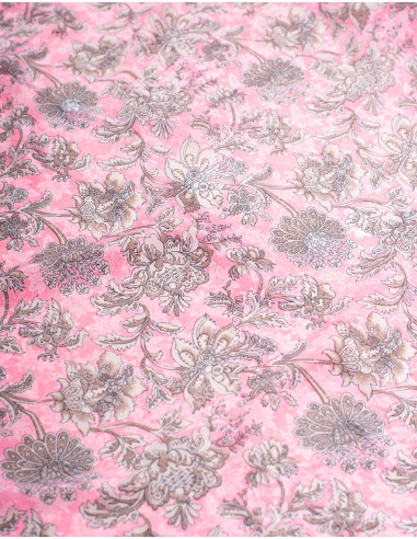Pink Silk T-shirt with Gray Flower Print