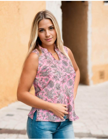 T-shirt in seta rosa con...