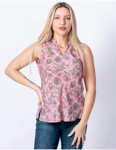 Rosa Seiden-T-Shirt mit grauem Blumendruck