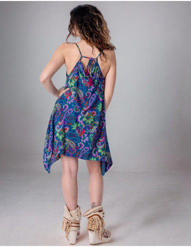 Abito in seta blu con stampa Paisley